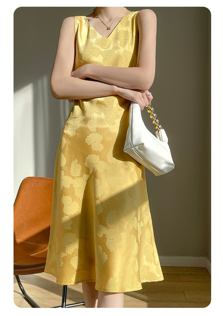 Women's Acetate Satin Mid-Length Dress Spring and Summer New Leaf Printing Niche Minimalist Style Sleeveless Skirt