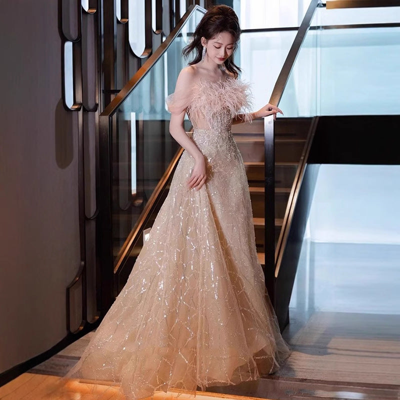Feather off-Shoulder Evening Dress for Women 2025 New Champagne Adult Ceremony Art Exam Graduation French Engagement Toast Dress