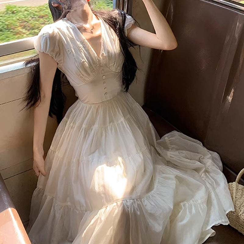 Summer V-neck Short Sleeve Waist-cinching Slimming Dress for Women with Elegant Puff Sleeves and Sweet Style