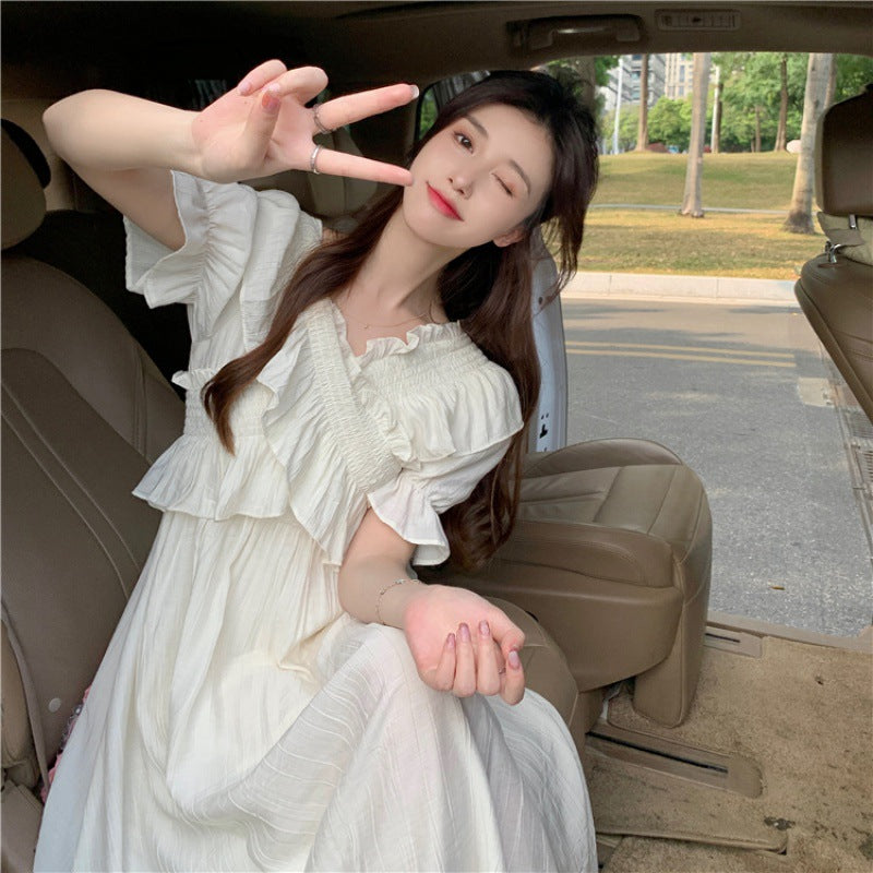 Chiffon Dress for Women Summer New Fairy Design Sense Cross V Gentle Short Sleeve Long Dress