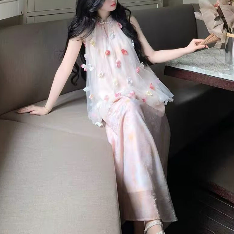 Fendai Liufang Heavy Craft Three-Dimensional Flower Halter Neck Printed Long Dress for Women Summer New Chinese Style Fake Two-Piece Off-Shoulder Dress