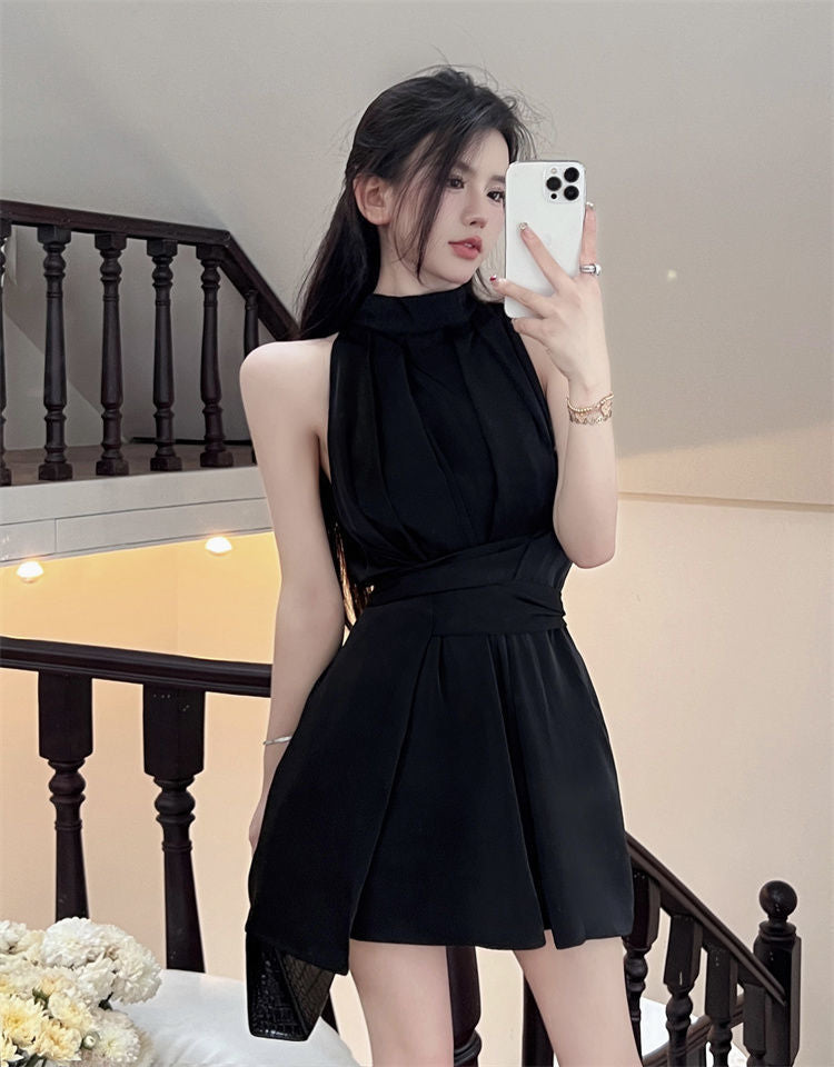 High-End Sleeveless Dress for Women, Summer Off-Shoulder Sexy Socialite Style, Waist-Cinching Tie Short Dress