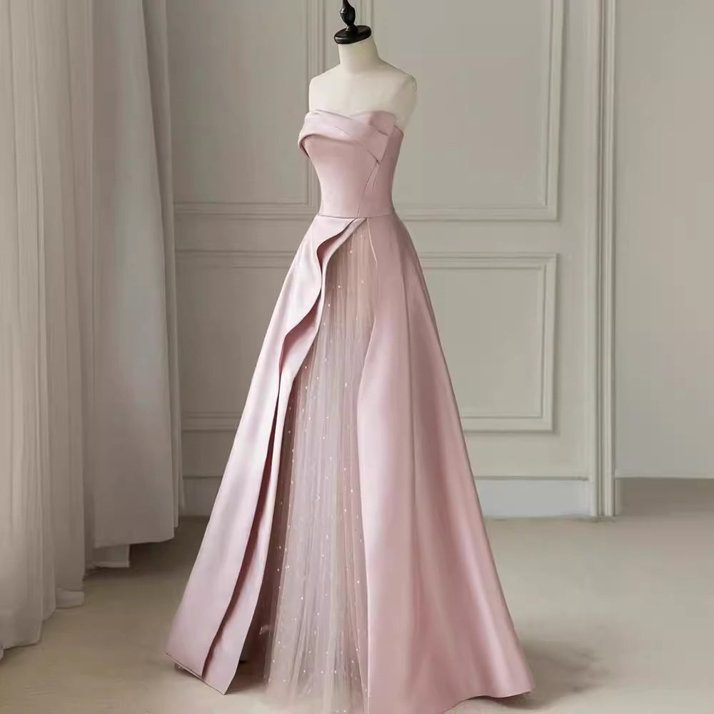 Pink Bra Evening Dress Ladies Banquet Toast Dress Adult Party Host Senior Sense Engagement Dress