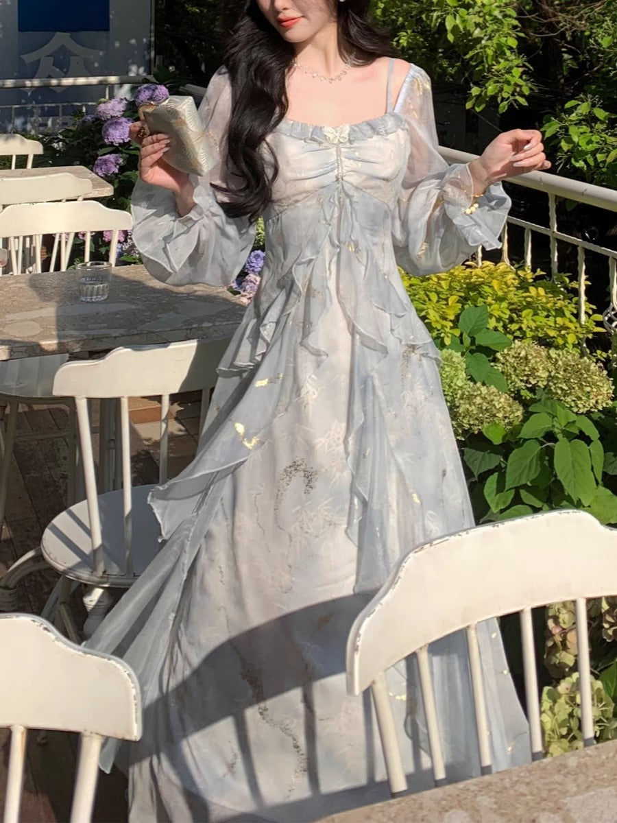 Elegant Gray Blue Gradient Fairy Butterfly Ruffle Long Sleeve Dress for Women