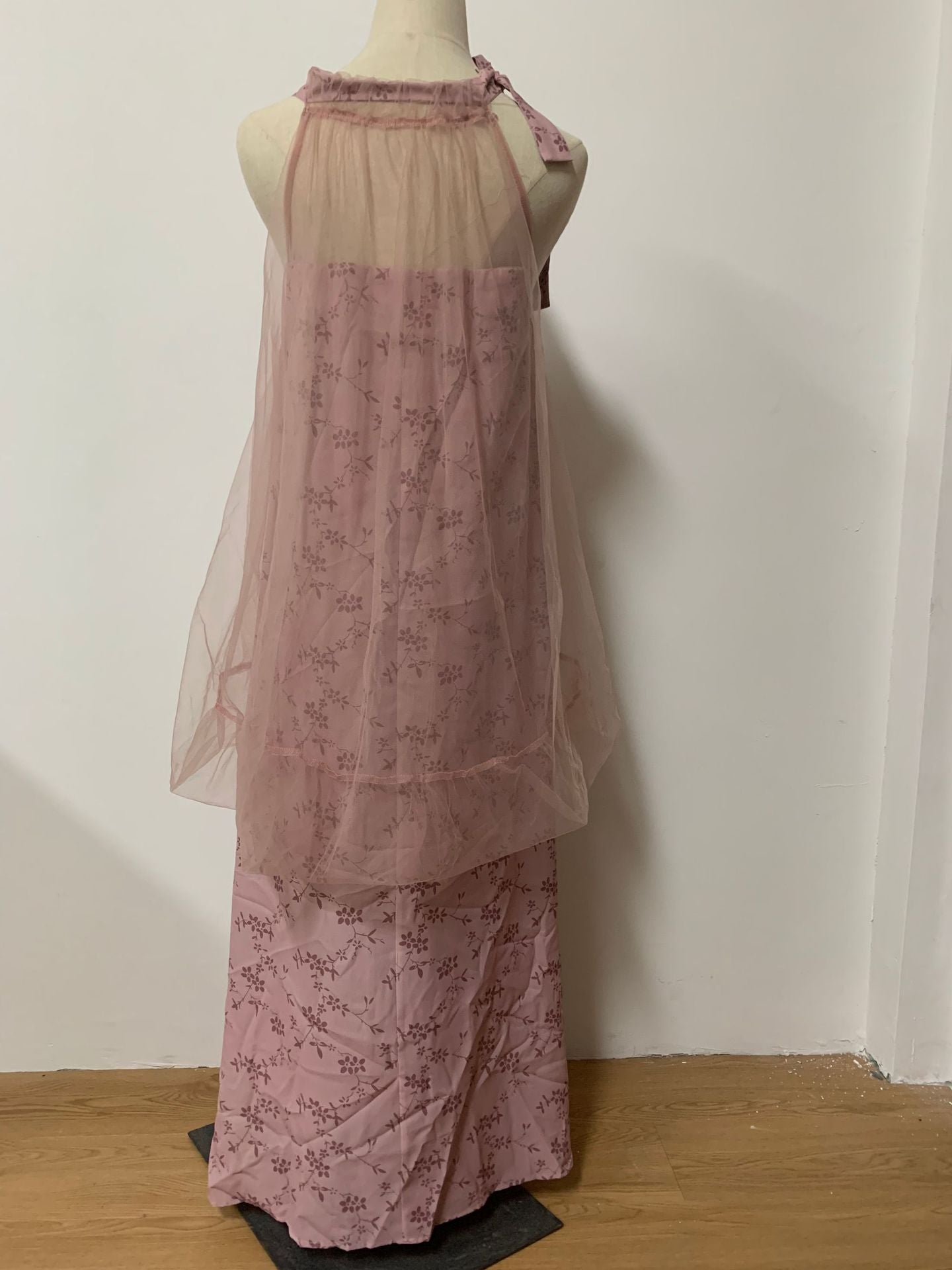 Light Raspberry Powder Jacquard Mesh Halter Fake Two Pieces Dress High Sense Morning Gowns Sleeveless Skirt