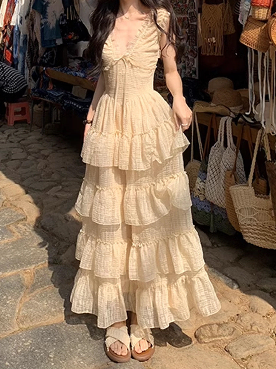 Heavy Craft V-neck Strap Dress for Women, Waist-cinching Slimming Long Dress