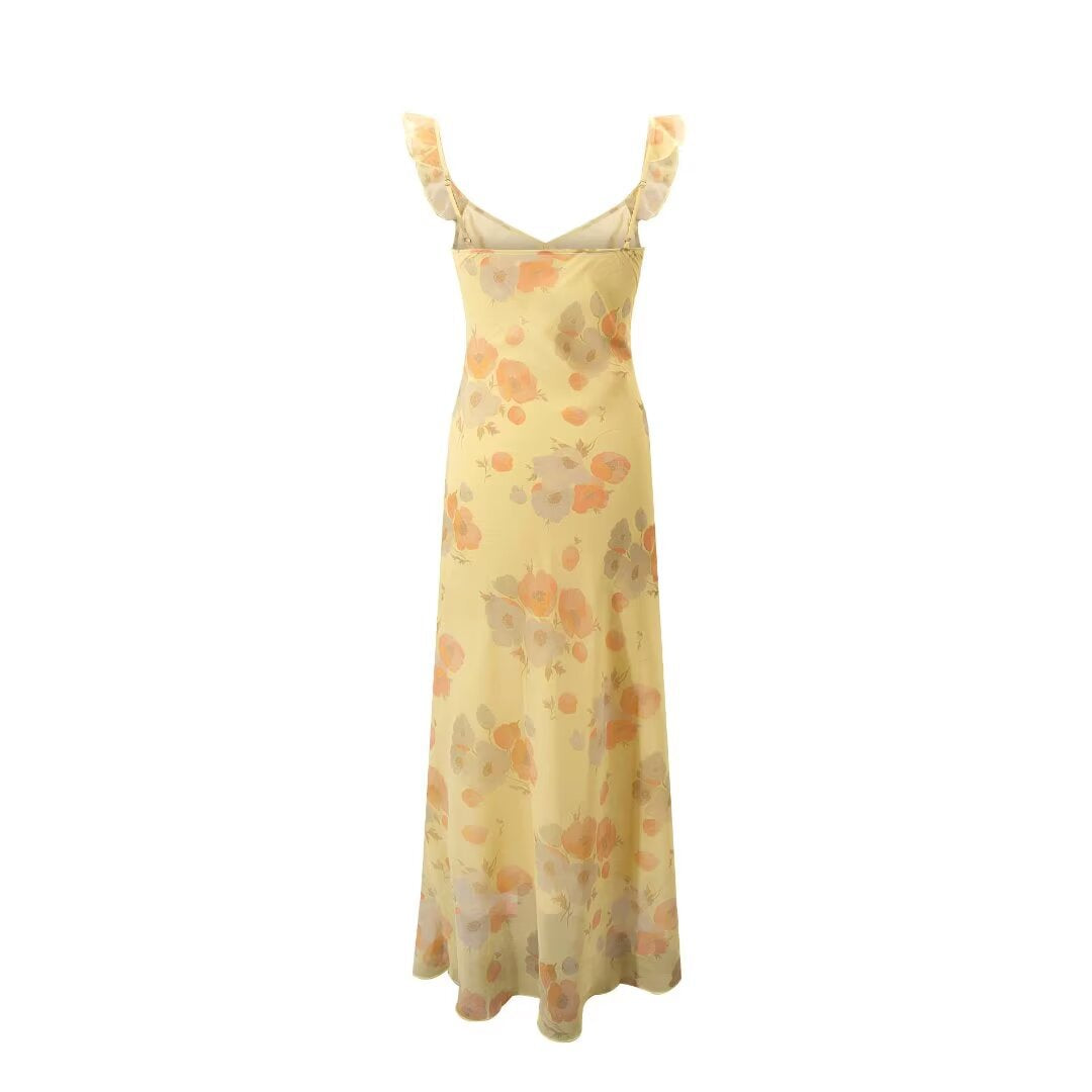 French Retro Style Summer Vacation V-neck Ruffle Collar Tie Rope Printed Chiffon Long Dress Waist Slim Fit