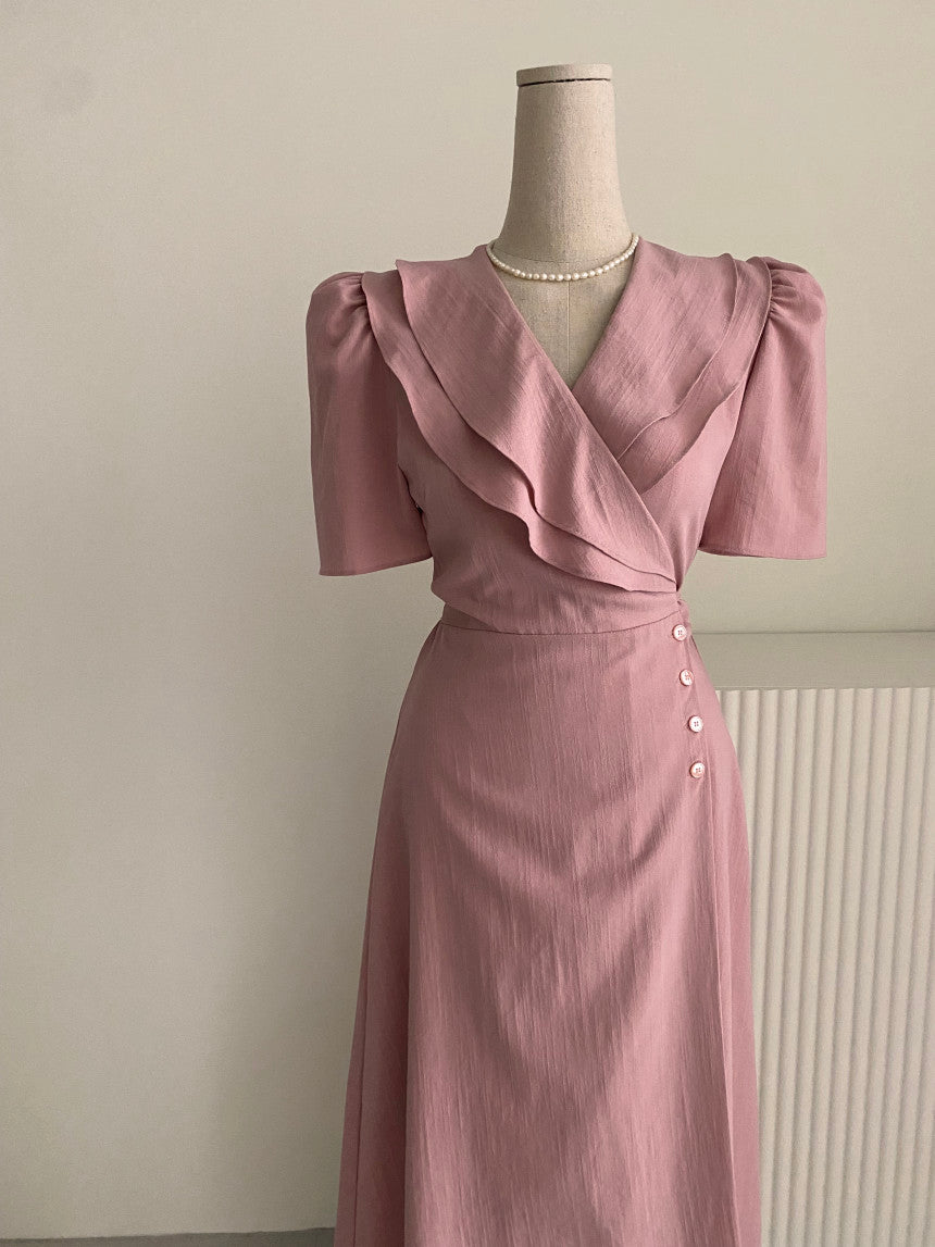 French Retro Double-Layer Collar Buckle Waist Slimming Mid-Length One-Piece Puff Sleeve Dress Women