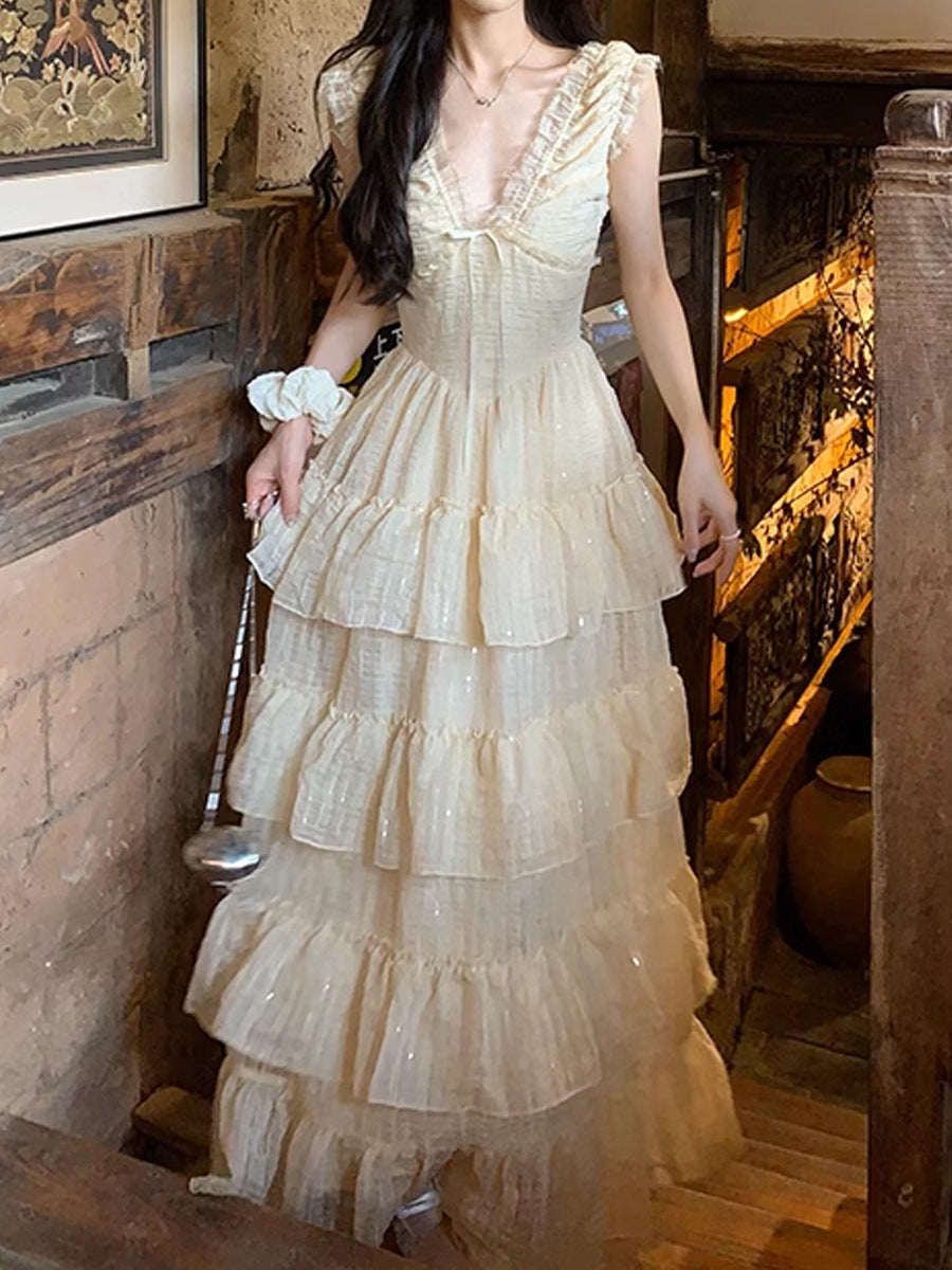 Heavy Craft V-neck Strap Dress for Women, Waist-cinching Slimming Long Dress