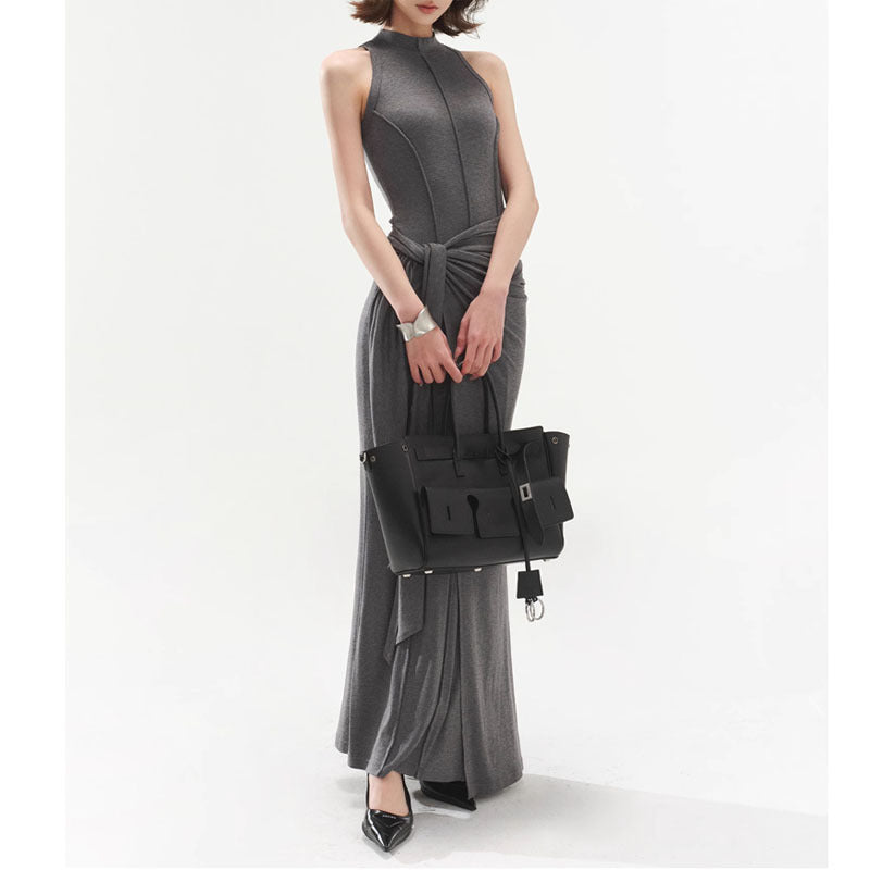 Elegant High-End Gray Modal Vest Dress Slim Fit Fake Two-Piece Bodycon Hot Girl Long Dress