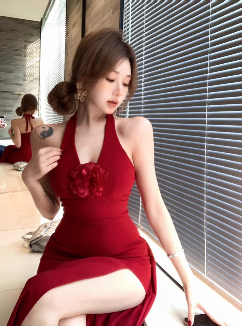 Red Three-Dimensional Flower Halter Neck Dress for Women, Summer Slim Fit Long Dress, Pure Desire Waist-Cinching Slit Bodycon Dress