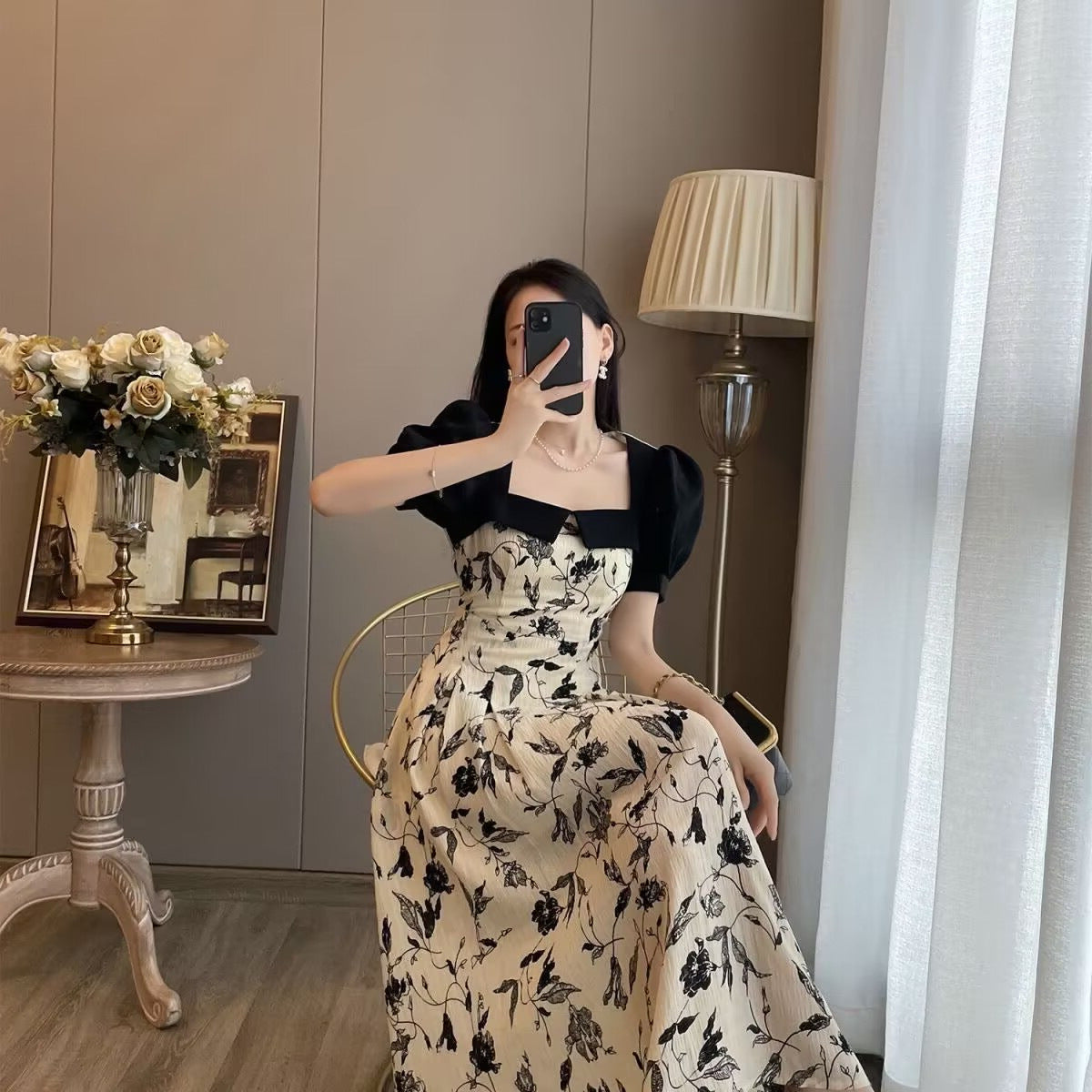 Pure Desire Style Slimming Stitching Floral Skirt Women's Summer Square Collar Bubble Sleeve A- line dress