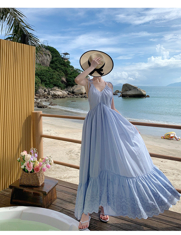 Sanya Beach Dress Light Blue Hollow Embroidery Strap Dress Summer Super Fairy Flowing Vacation Style Elegant Long Dress