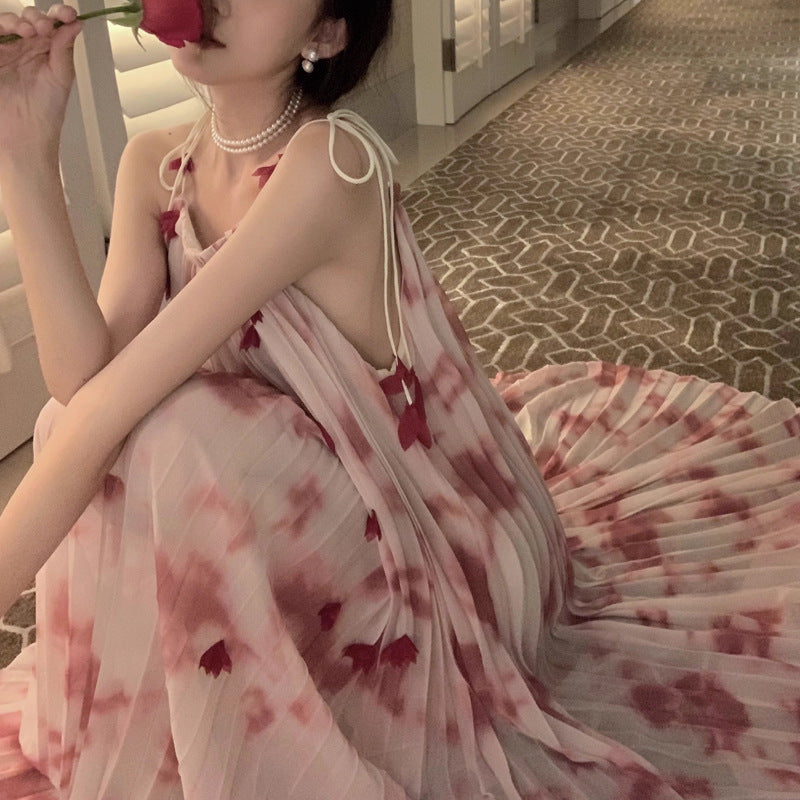 French Heavy Industry Tie-Dyed Suspenders Dress Summer Hepburn Style Loose Halter Mid-Length Fairy Skirt