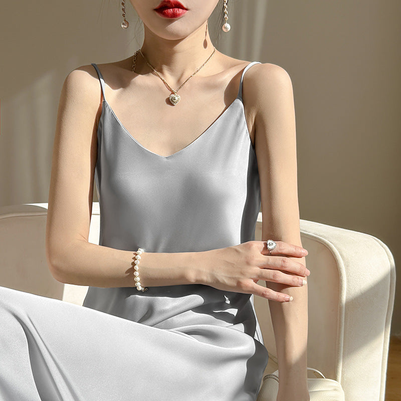 Summer New Mid-Length Sleeveless Off-Shoulder Light Luxury Mulberry Silk Acetate Satin Imitation Silk Strap Dress for Women