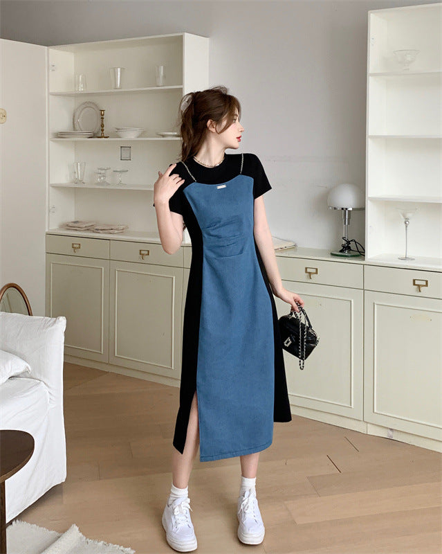 Small Size plus size Not Pick Body Retro Denim Stitching dress Women's New Summer Skirt Belly Covering Slim A- line Skirt
