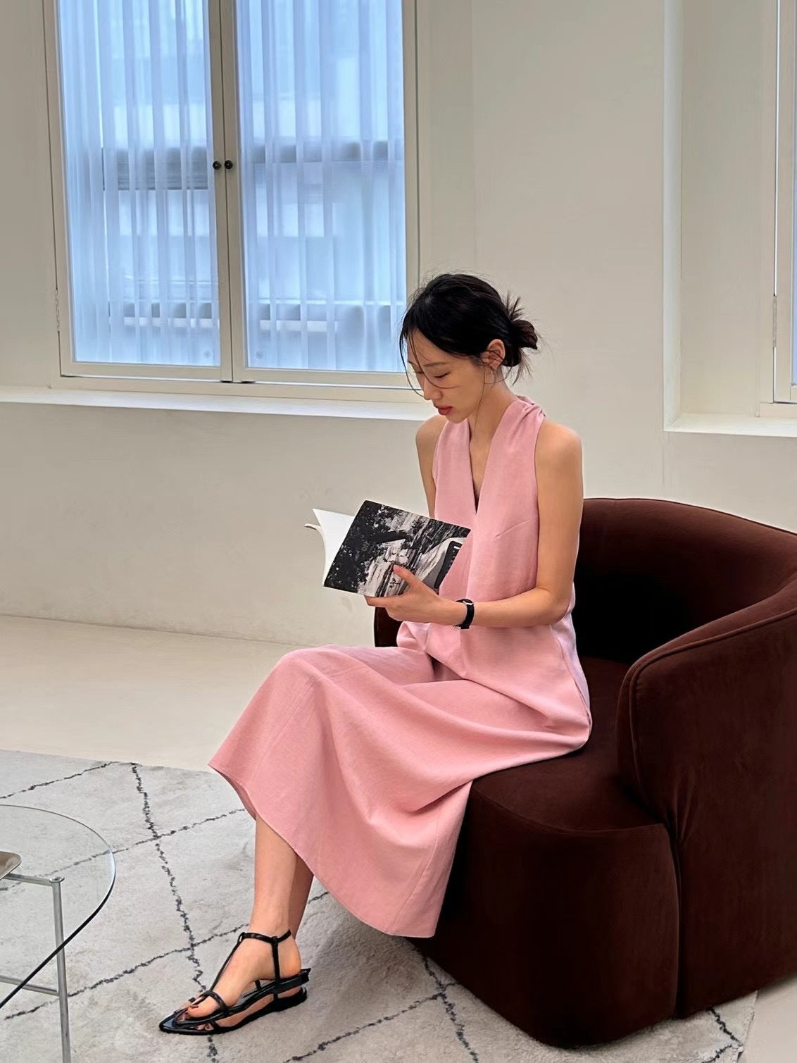 South Korea chic Summer Retro High Sense V Collar Waist-Tight Thin over the Knee Long Halter Vest Dress Women