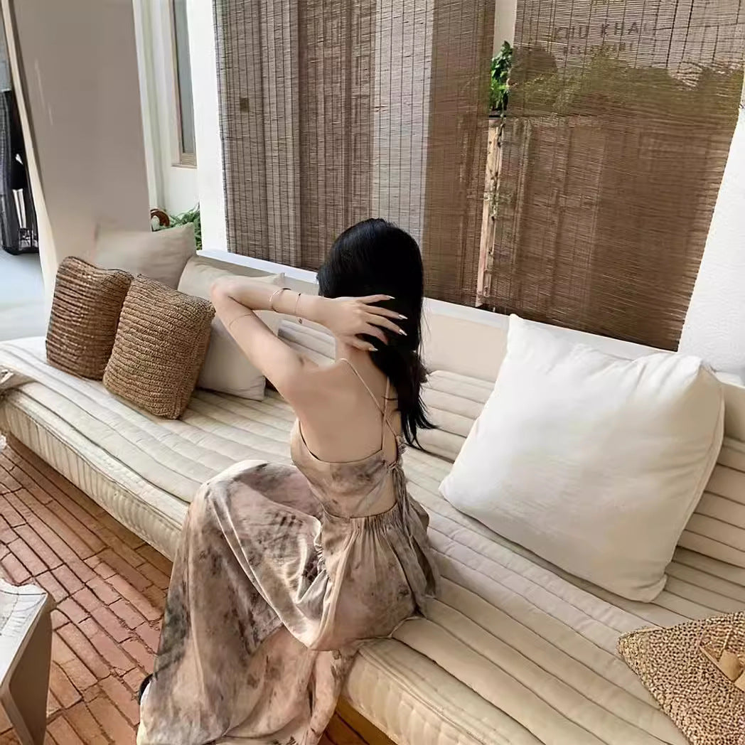 Sweet and Spicy Girl Floral Strap Dress Fairy Summer Dress Beach Vacation Backless Sexy Elegant Waist-Cinching Long Dress