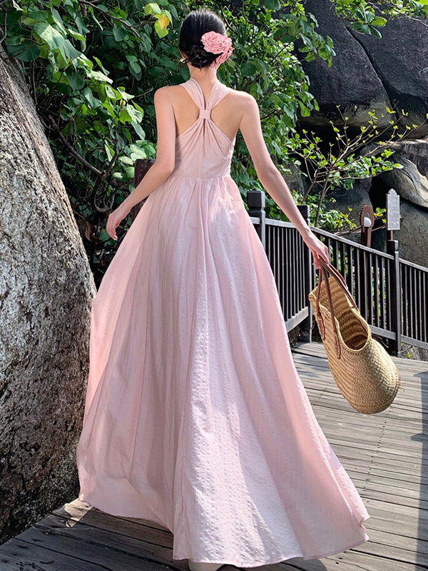 Pure Desire High-End Elegant Pink Dress for Women Summer Vacation Style Niche Design Halter Neck Vacation Slip Dress
