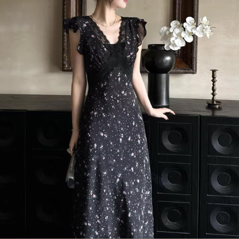 Black Lace Patchwork Floral Dress Vacation Style French Elegant Unique Beautiful Waist-Cinching Long Dress