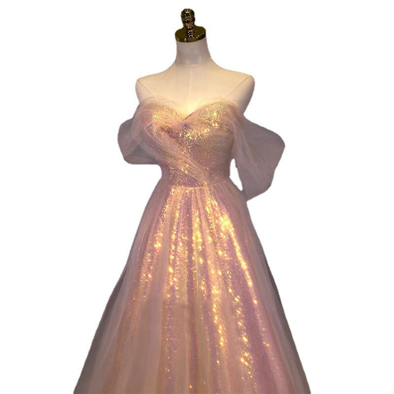 2025 New Style Bridal Toast Dress Slimming Mesh Evening Gown for Annual Meeting Banquet Host Mermaid Off-Shoulder Evening Dress for Women