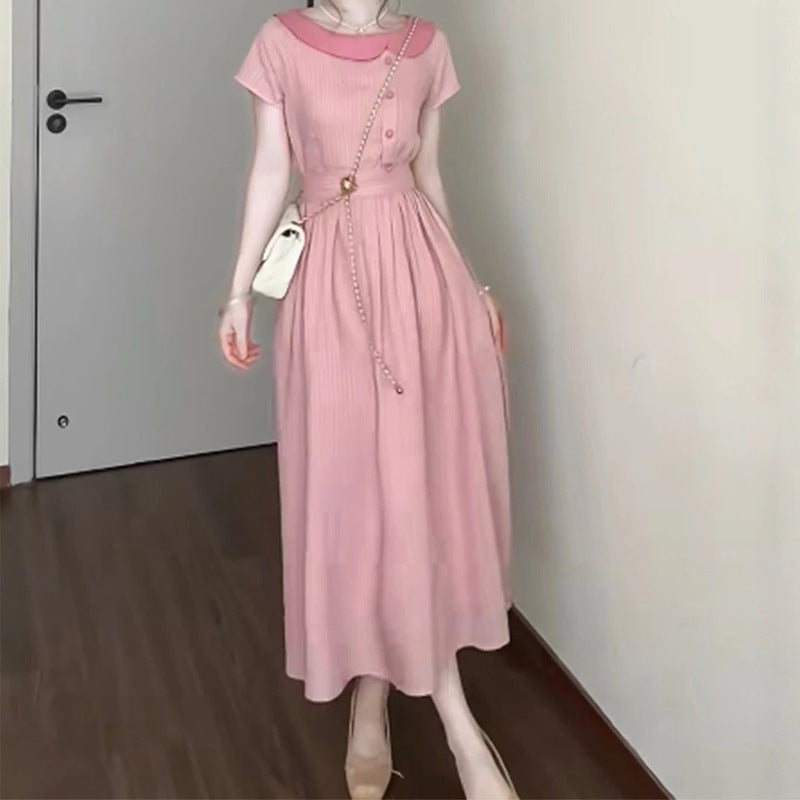 French Style Gentle Pink Striped Dress for Women Summer New Bow Tie Waist Mid-Length Dress Short Sleeve Trendy
