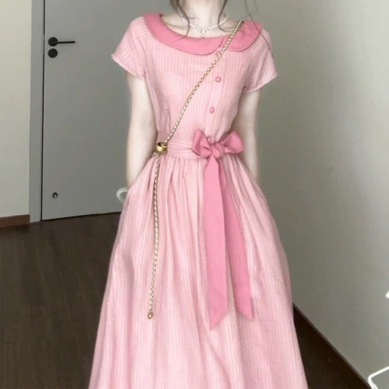 French Style Gentle Pink Striped Dress for Women Summer New Bow Tie Waist Mid-Length Dress Short Sleeve Trendy