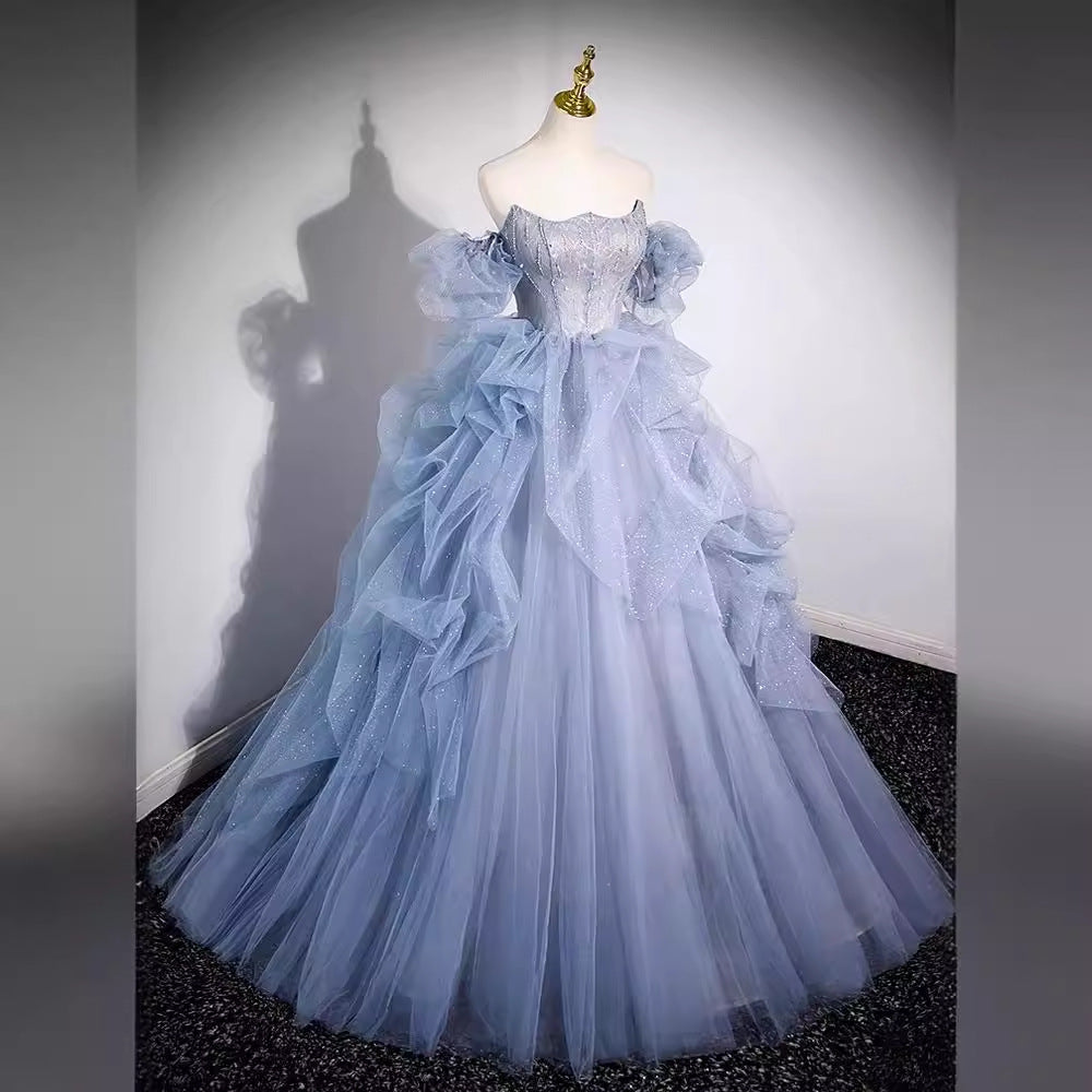 off-Shoulder Evening Dress 2025 Haze Blue Piano Performance Adult Ceremony Wedding Dress Bel Canto Solo Blue Gauze Skirt Art Test