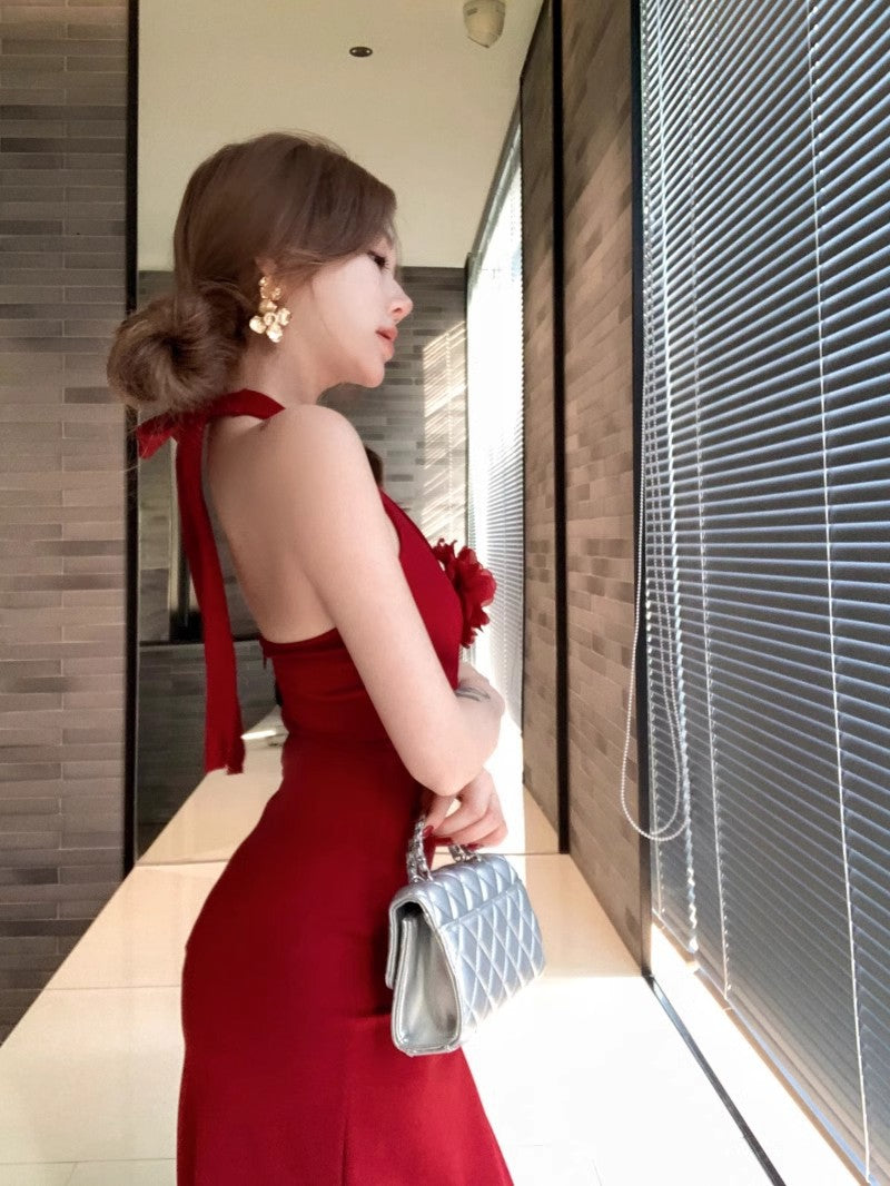 Red Three-Dimensional Flower Halter Neck Dress for Women, Summer Slim Fit Long Dress, Pure Desire Waist-Cinching Slit Bodycon Dress