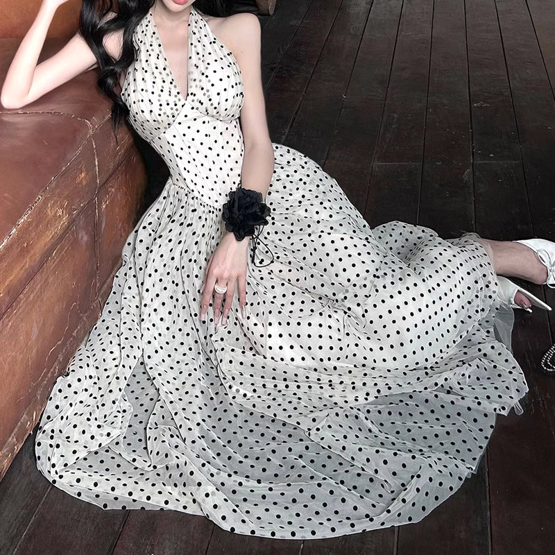 Polka Dot Halter Neck Dress for Women New Fishbone V-neck Long Dress Elegant Waist-cinching Gentle Style Trend