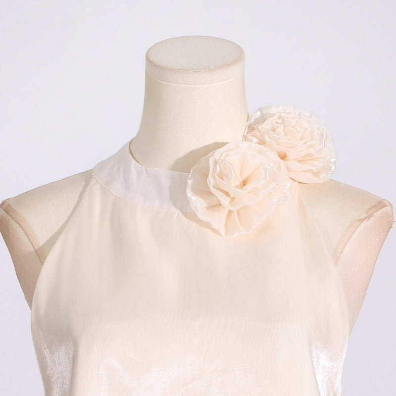 Fashion Sweet Style Floral Halter Neck Design Sleeveless Irregular Satin Dress for Women