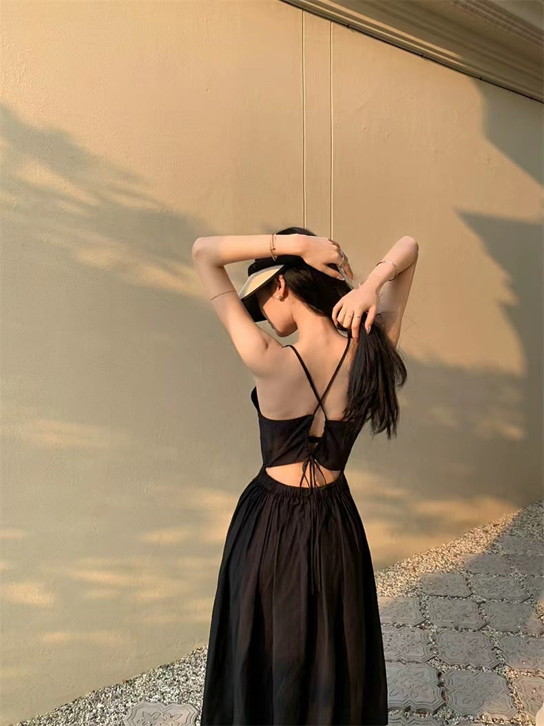 Sweet and Spicy Girl Floral Strap Dress Fairy Summer Dress Beach Vacation Backless Sexy Elegant Waist-Cinching Long Dress