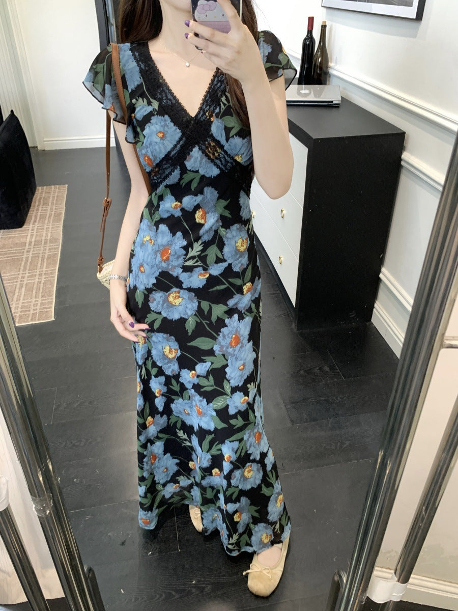 Plus Size Women's Summer Vacation Style Lace Elegant V-Neck Small Flutter Sleeve Rose Print Dress