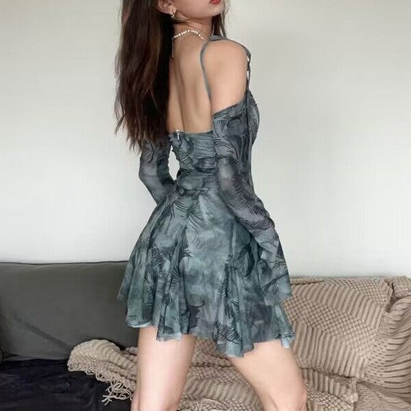 European and American Women's Clothing Summer Sexy off-Shoulder Bell Sleeve Printed Waist-Controlled Slimming Sling Dress
