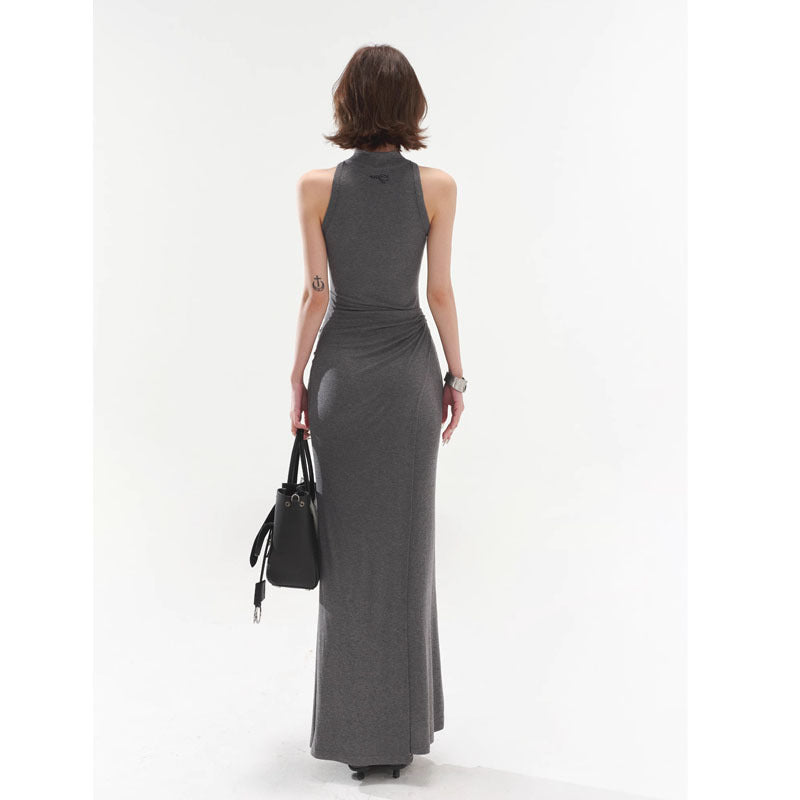Elegant High-End Gray Modal Vest Dress Slim Fit Fake Two-Piece Bodycon Hot Girl Long Dress