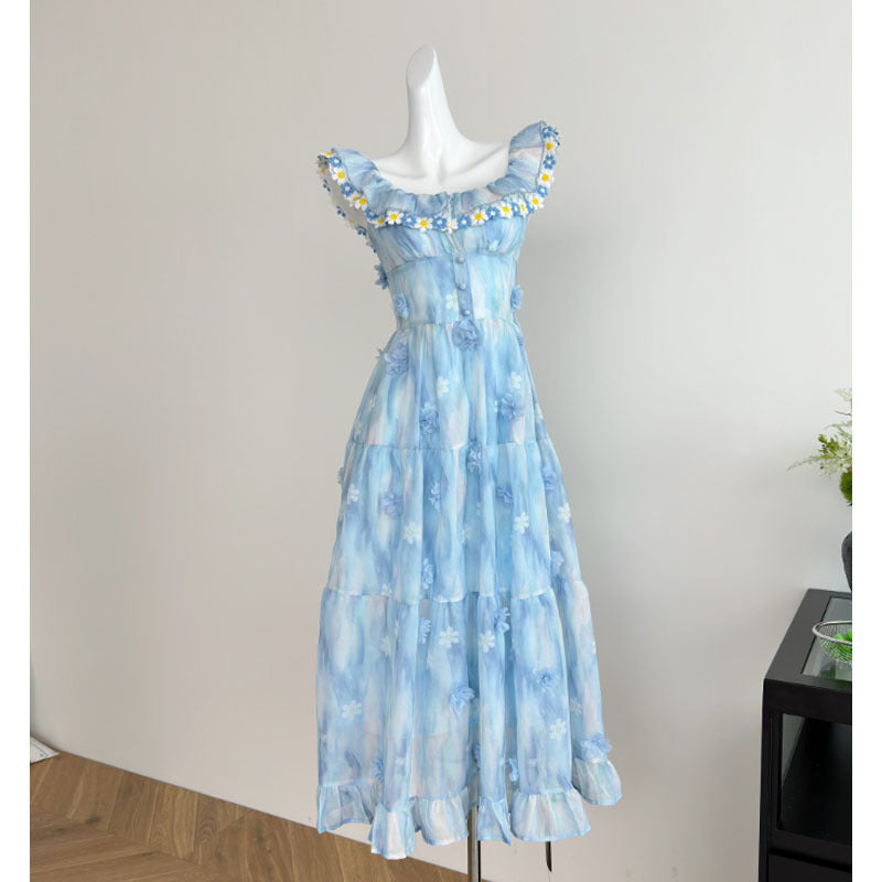 Blue Long Chiffon Printed Dress with Flutter Sleeves, French Sweet Style, Slimming Dress