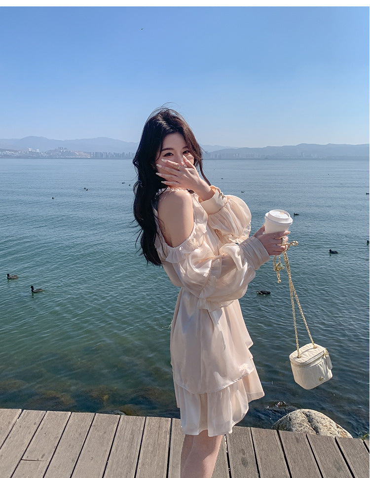 Apricot Super Fairy Halter Off-the-Shoulder Dress Women's Long Sleeve Spring New French Vacation Style Princess Dress Pettiskirt