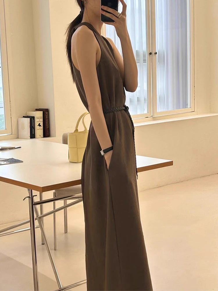 South Korea chic Summer Retro High Sense V Collar Waist-Tight Thin over the Knee Long Halter Vest Dress Women