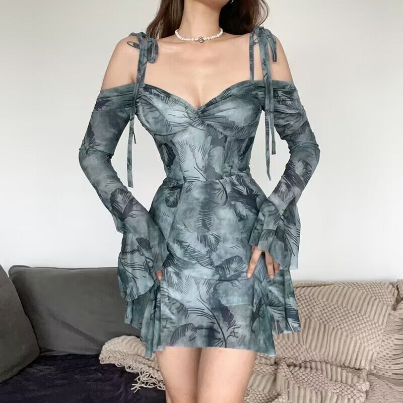 European and American Women's Clothing Summer Sexy off-Shoulder Bell Sleeve Printed Waist-Controlled Slimming Sling Dress
