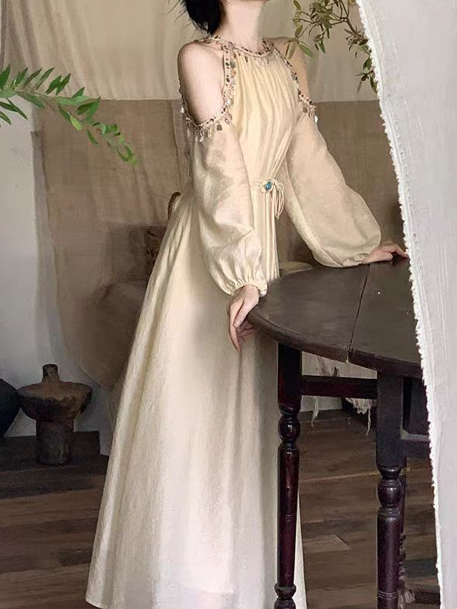 Shell Lace Light Apricot Dress Bohemian Vacation Style Long Dress