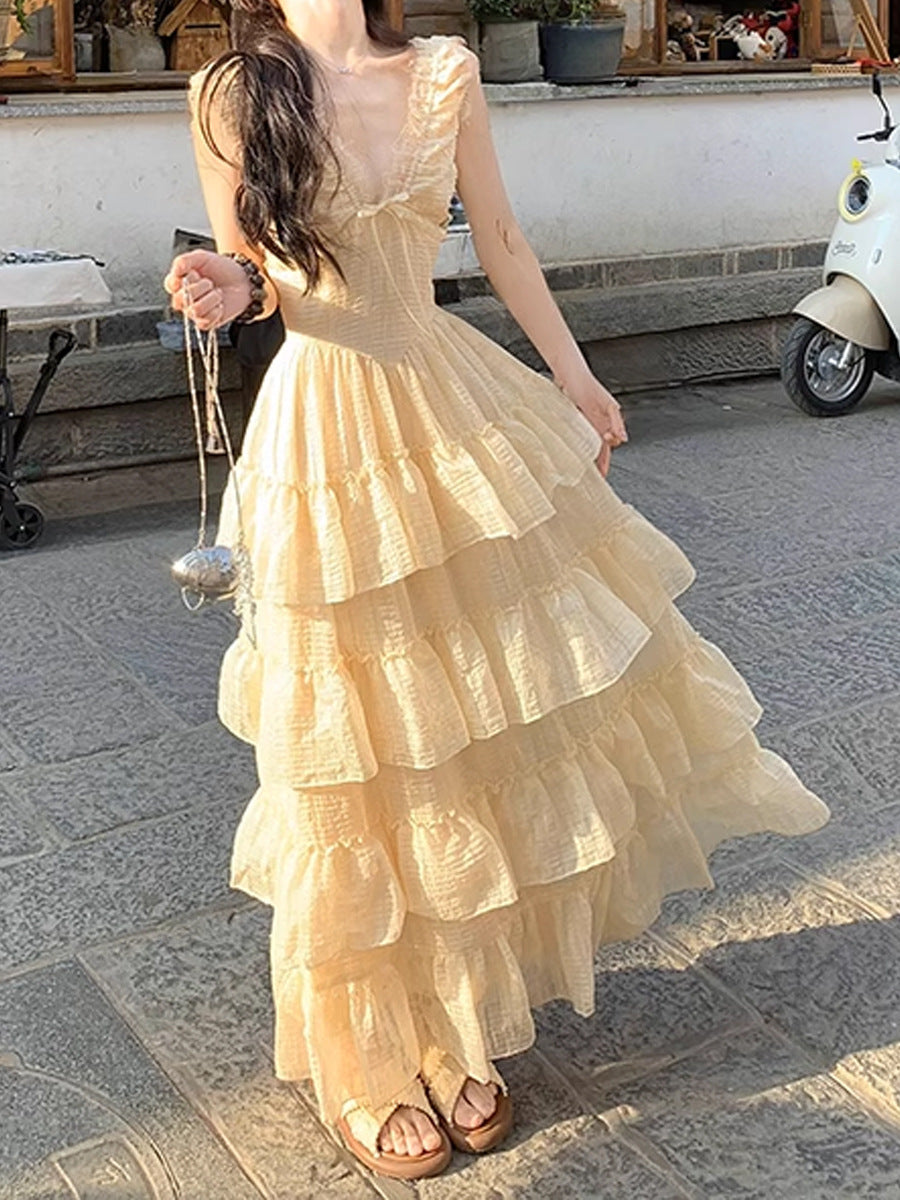 Heavy Craft V-neck Strap Dress for Women, Waist-cinching Slimming Long Dress