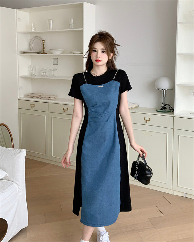 Small Size plus size Not Pick Body Retro Denim Stitching dress Women's New Summer Skirt Belly Covering Slim A- line Skirt