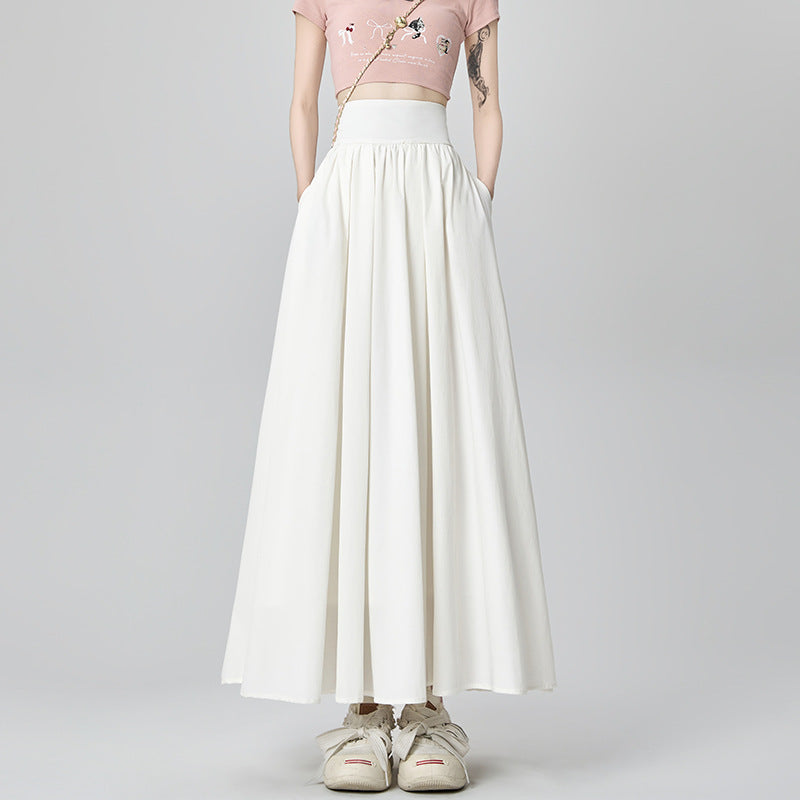 Women's Summer High Waist Maxi Skirt Korean Fashion Pockets Casual Sweet Long A-line Skirts Plain White Black Pink
