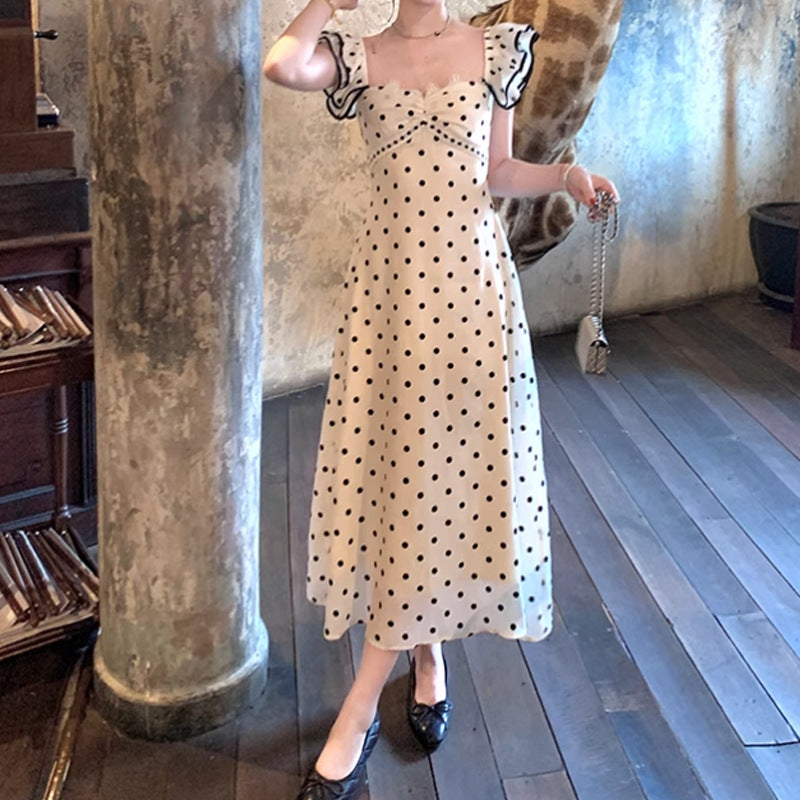 Long Black and White Polka Dot Waist-Cinching Strap Dress Vintage Elegant Slim Dress