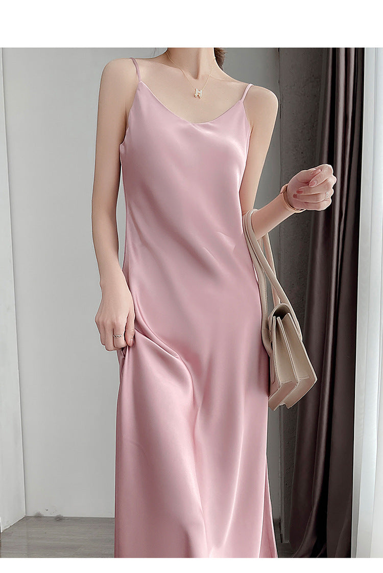 Summer New Mid-Length Sleeveless Off-Shoulder Light Luxury Mulberry Silk Acetate Satin Imitation Silk Strap Dress for Women