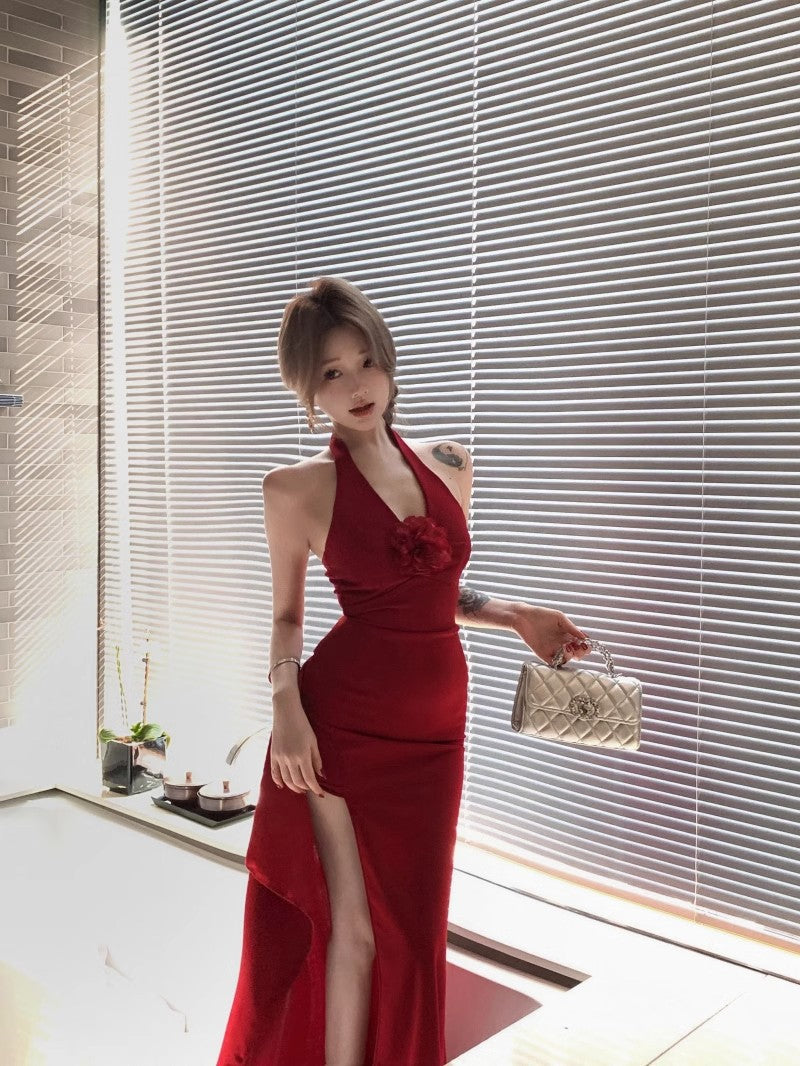 Red Three-Dimensional Flower Halter Neck Dress for Women, Summer Slim Fit Long Dress, Pure Desire Waist-Cinching Slit Bodycon Dress