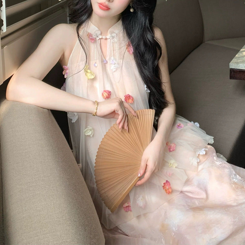 Fendai Liufang Heavy Craft Three-Dimensional Flower Halter Neck Printed Long Dress for Women Summer New Chinese Style Fake Two-Piece Off-Shoulder Dress