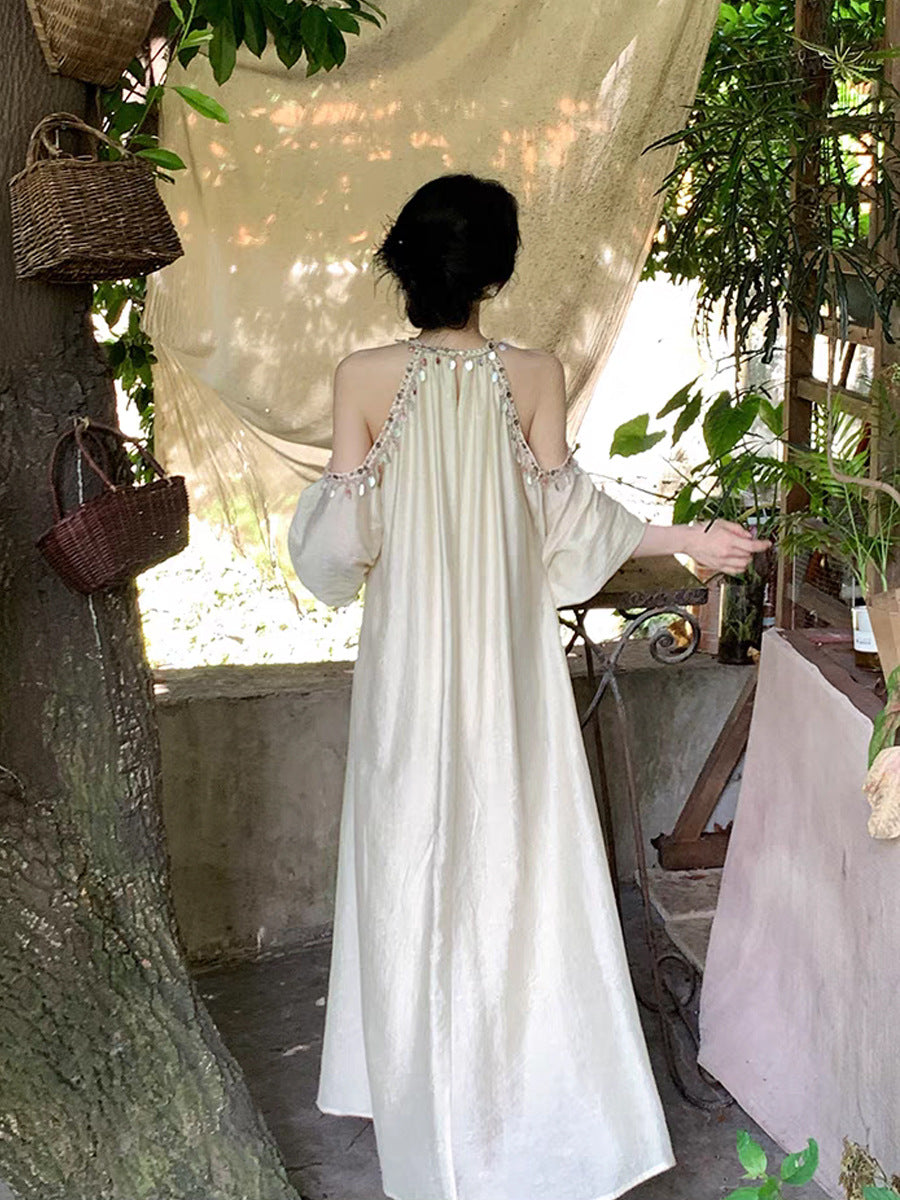 Shell Lace Light Apricot Dress Bohemian Vacation Style Long Dress