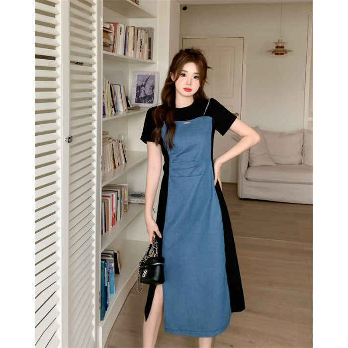Small Size plus size Not Pick Body Retro Denim Stitching dress Women's New Summer Skirt Belly Covering Slim A- line Skirt