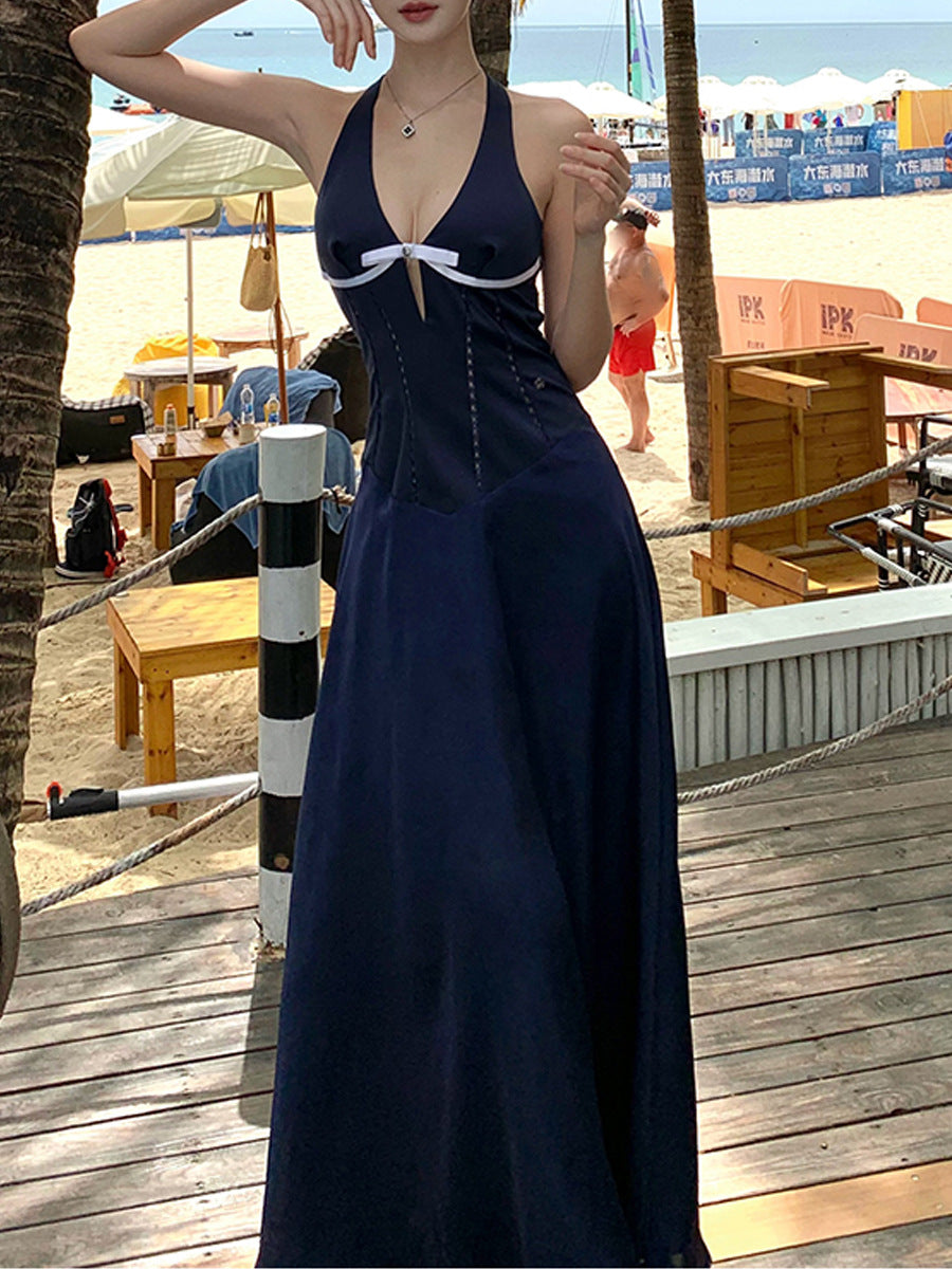 Twilight Blue Spirit French V-neck Hollow Design Waist-cinching Halter Neck Mid-length Dress